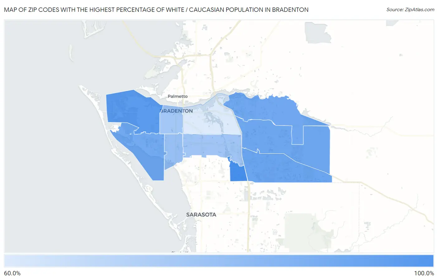 Zip Codes with the Highest Percentage of White / Caucasian Population in Bradenton Map