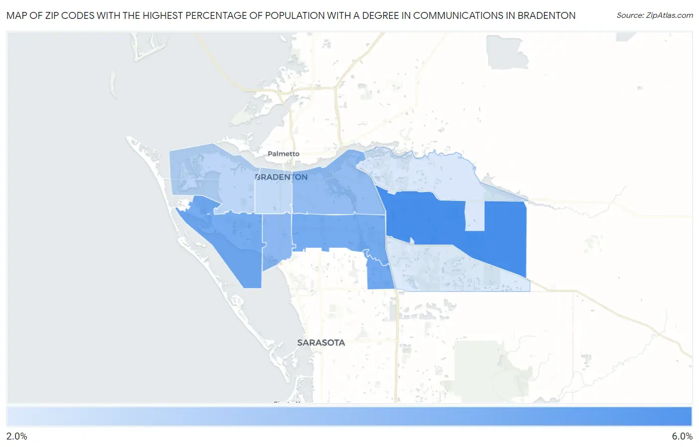 Zip Codes with the Highest Percentage of Population with a Degree in Communications in Bradenton Map