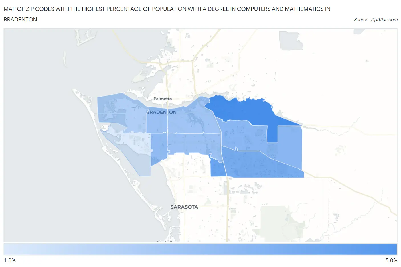 Zip Codes with the Highest Percentage of Population with a Degree in Computers and Mathematics in Bradenton Map
