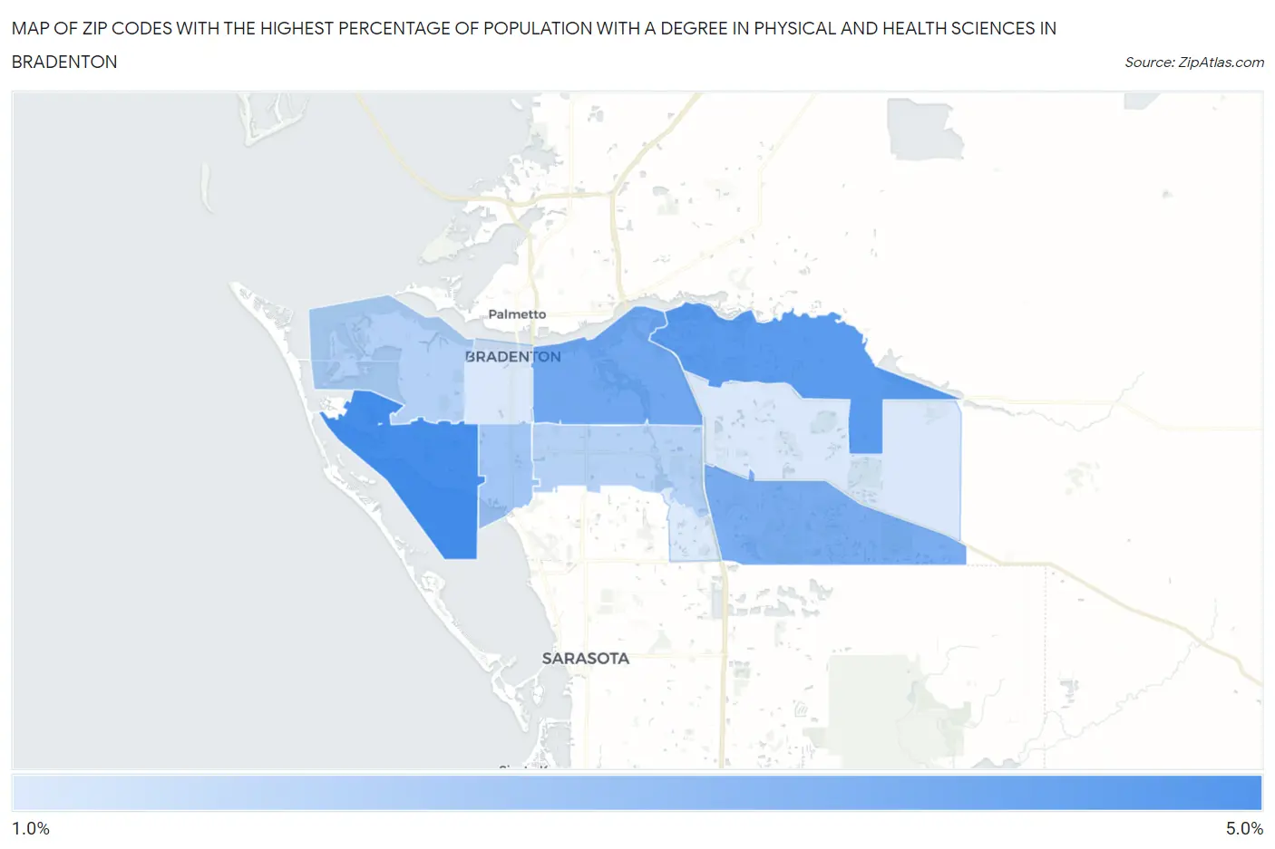 Zip Codes with the Highest Percentage of Population with a Degree in Physical and Health Sciences in Bradenton Map