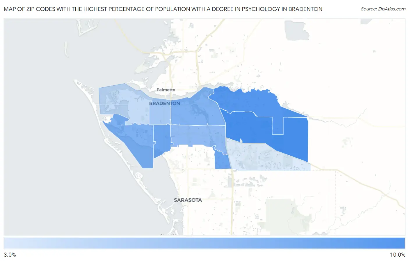 Zip Codes with the Highest Percentage of Population with a Degree in Psychology in Bradenton Map