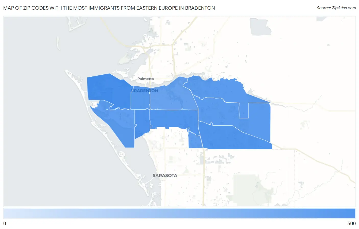 Zip Codes with the Most Immigrants from Eastern Europe in Bradenton Map