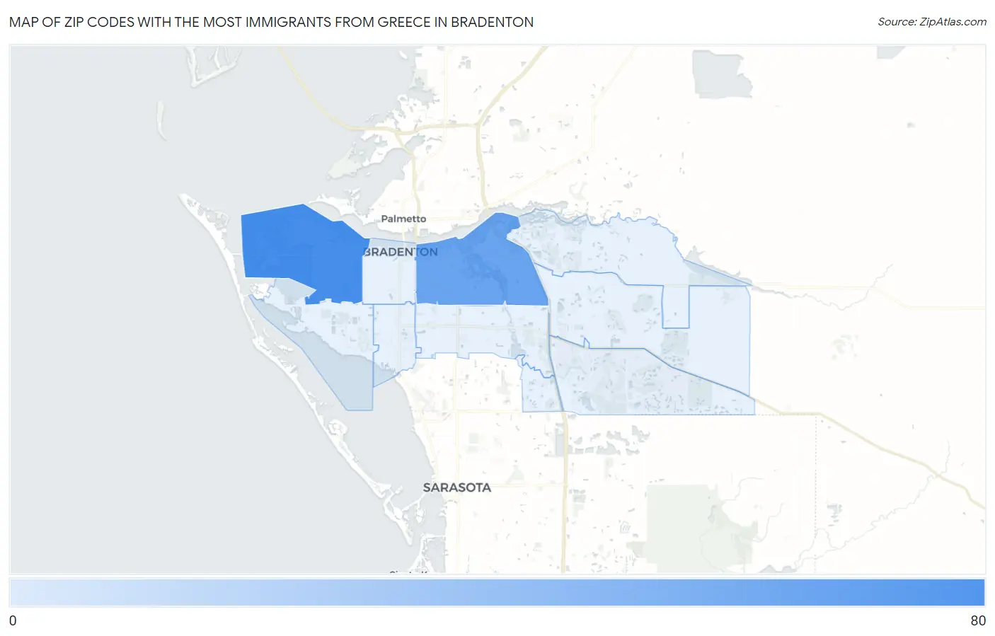 Zip Codes with the Most Immigrants from Greece in Bradenton Map