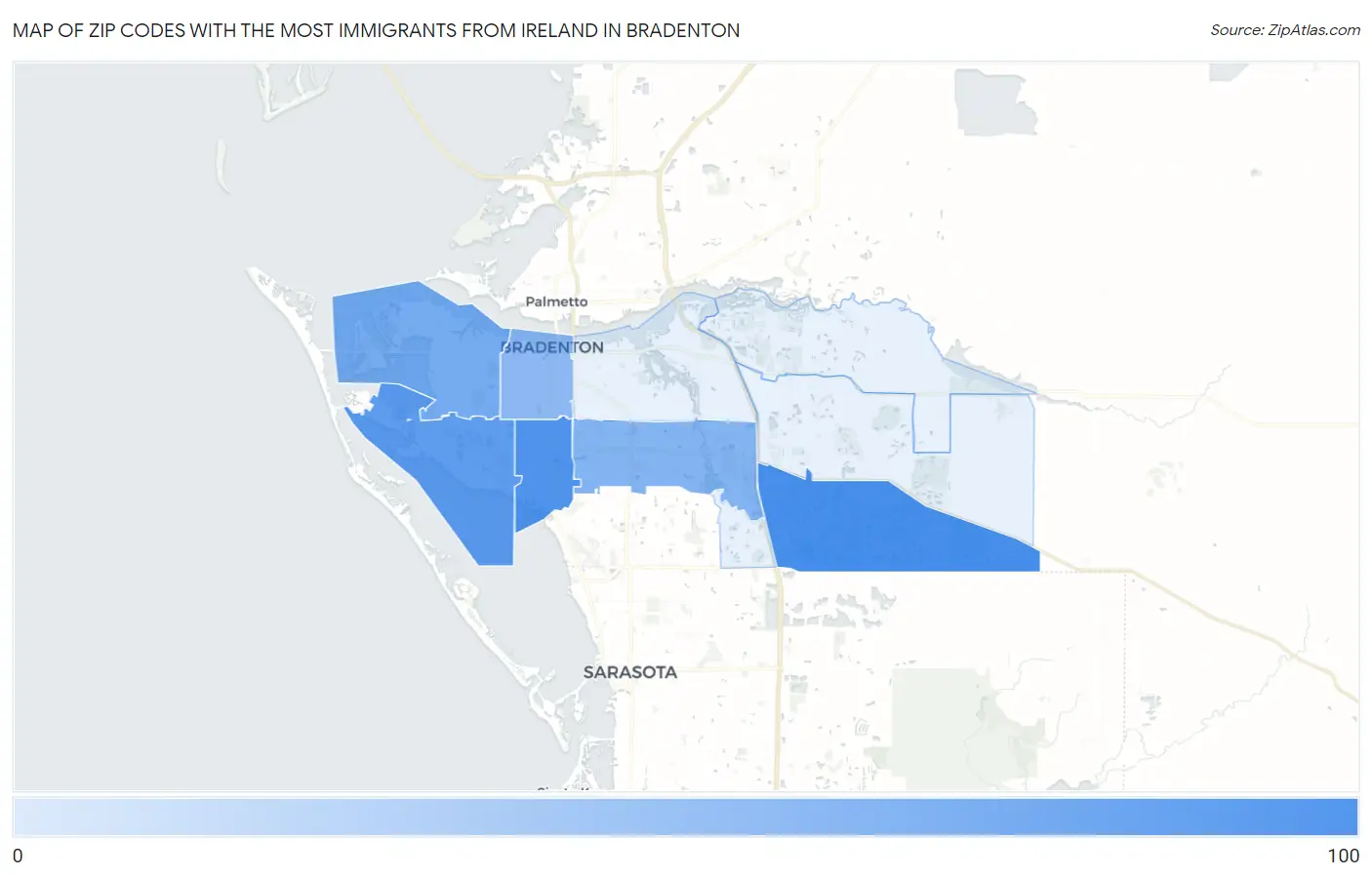 Zip Codes with the Most Immigrants from Ireland in Bradenton Map