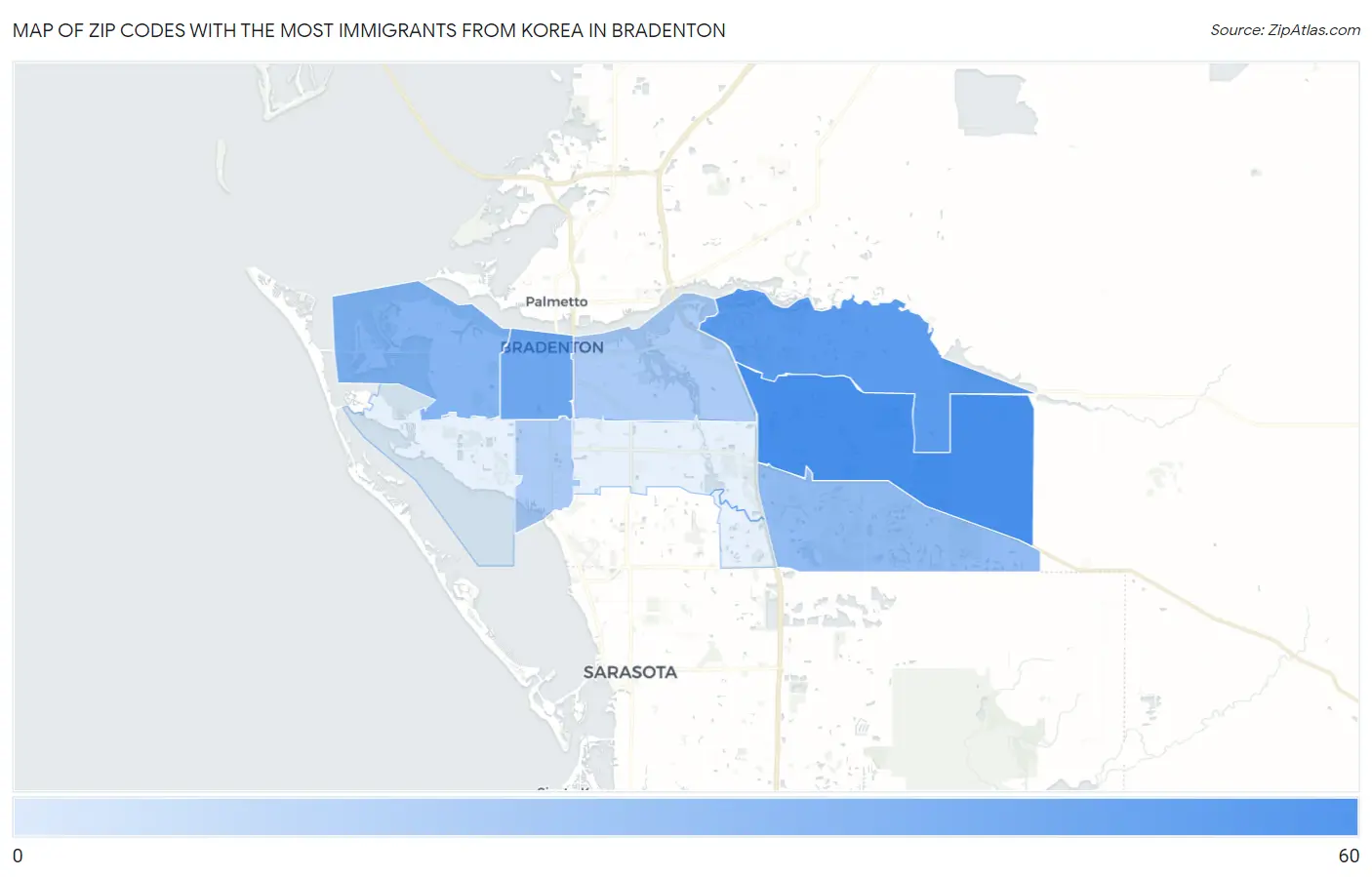 Zip Codes with the Most Immigrants from Korea in Bradenton Map