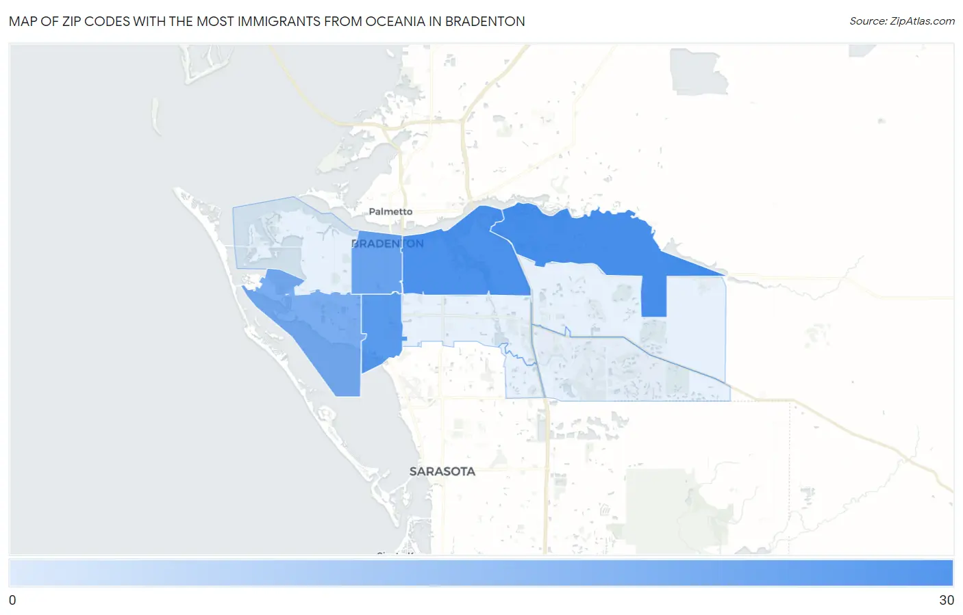 Zip Codes with the Most Immigrants from Oceania in Bradenton Map
