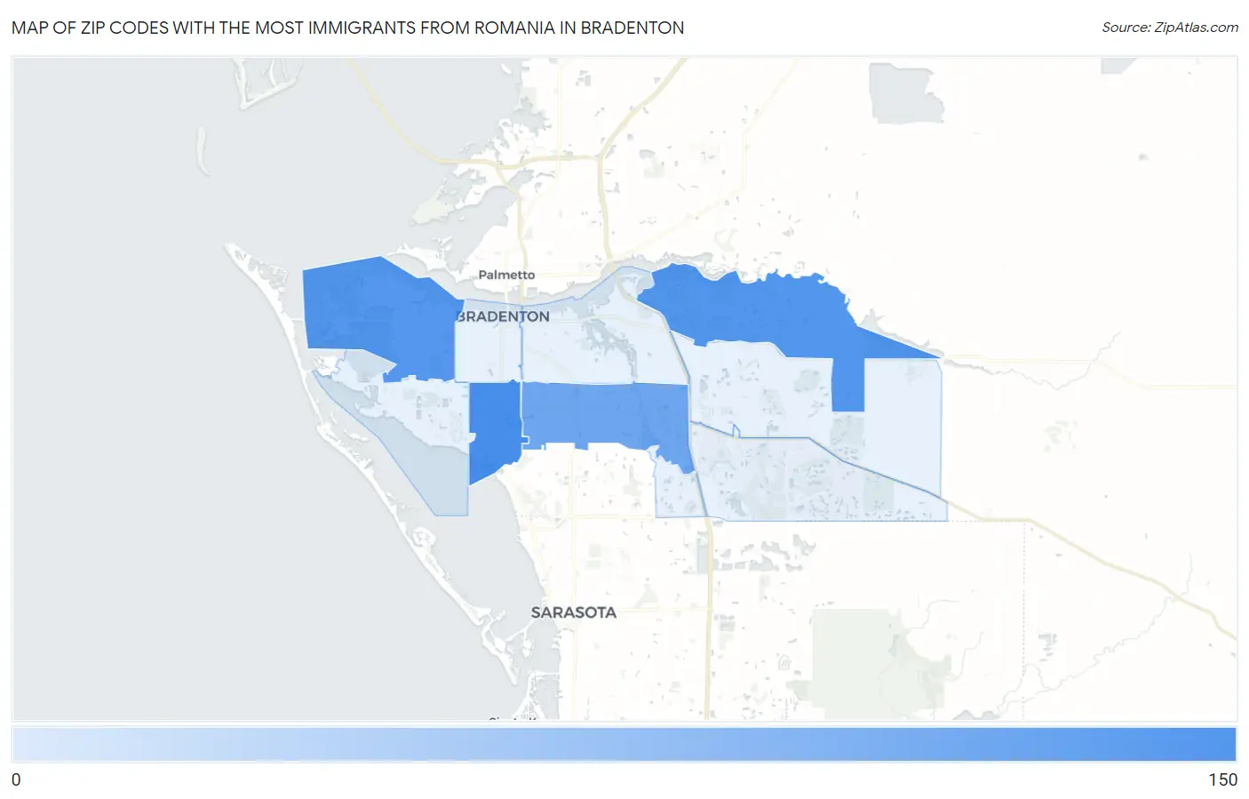 Zip Codes with the Most Immigrants from Romania in Bradenton Map