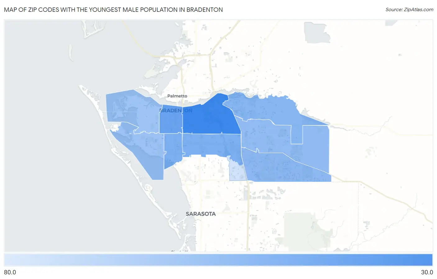 Zip Codes with the Youngest Male Population in Bradenton Map