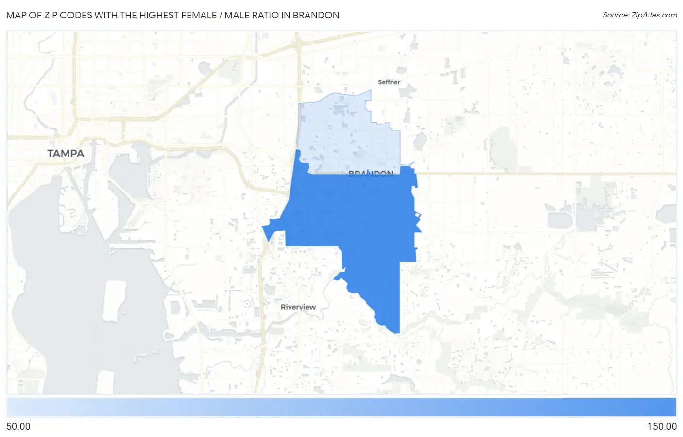 Zip Codes with the Highest Female / Male Ratio in Brandon Map