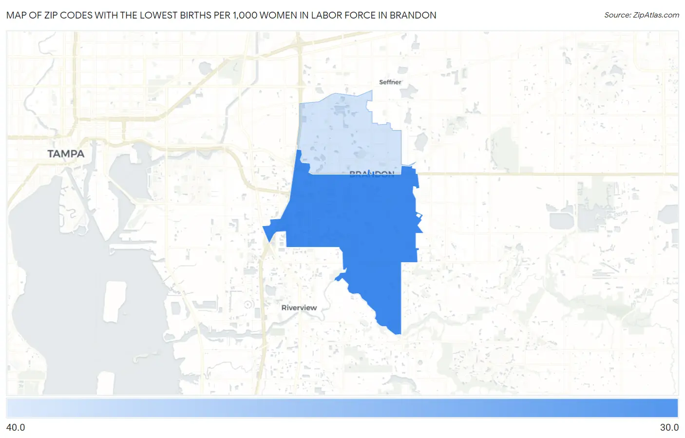 Zip Codes with the Lowest Births per 1,000 Women in Labor Force in Brandon Map