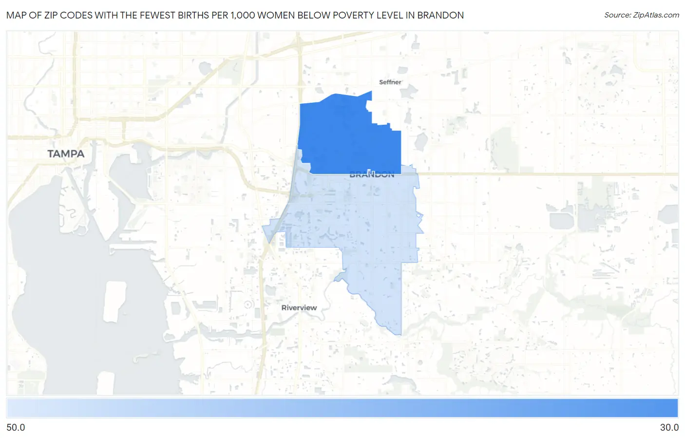 Zip Codes with the Fewest Births per 1,000 Women Below Poverty Level in Brandon Map