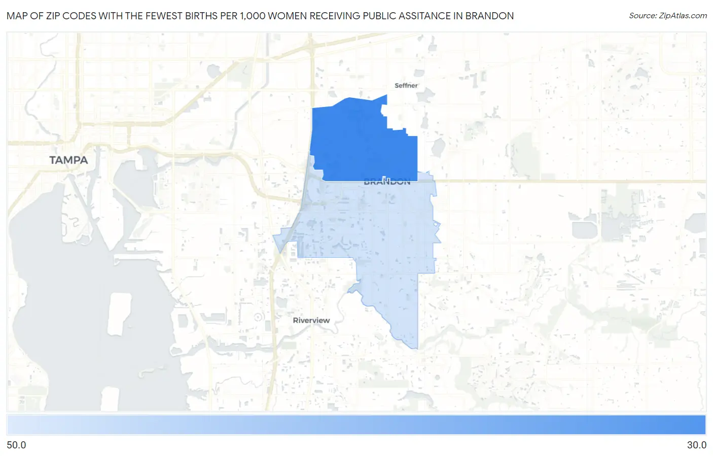 Zip Codes with the Fewest Births per 1,000 Women Receiving Public Assitance in Brandon Map