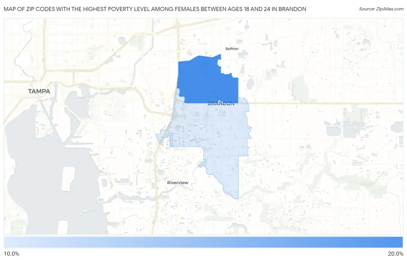 Zip Codes with the Highest Poverty Level Among Females Between Ages 18 and 24 in Brandon Map