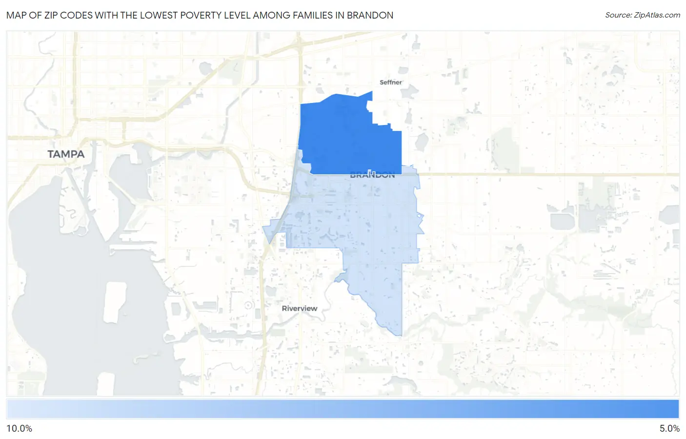 Zip Codes with the Lowest Poverty Level Among Families in Brandon Map