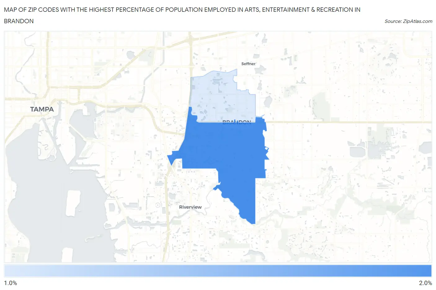 Zip Codes with the Highest Percentage of Population Employed in Arts, Entertainment & Recreation in Brandon Map