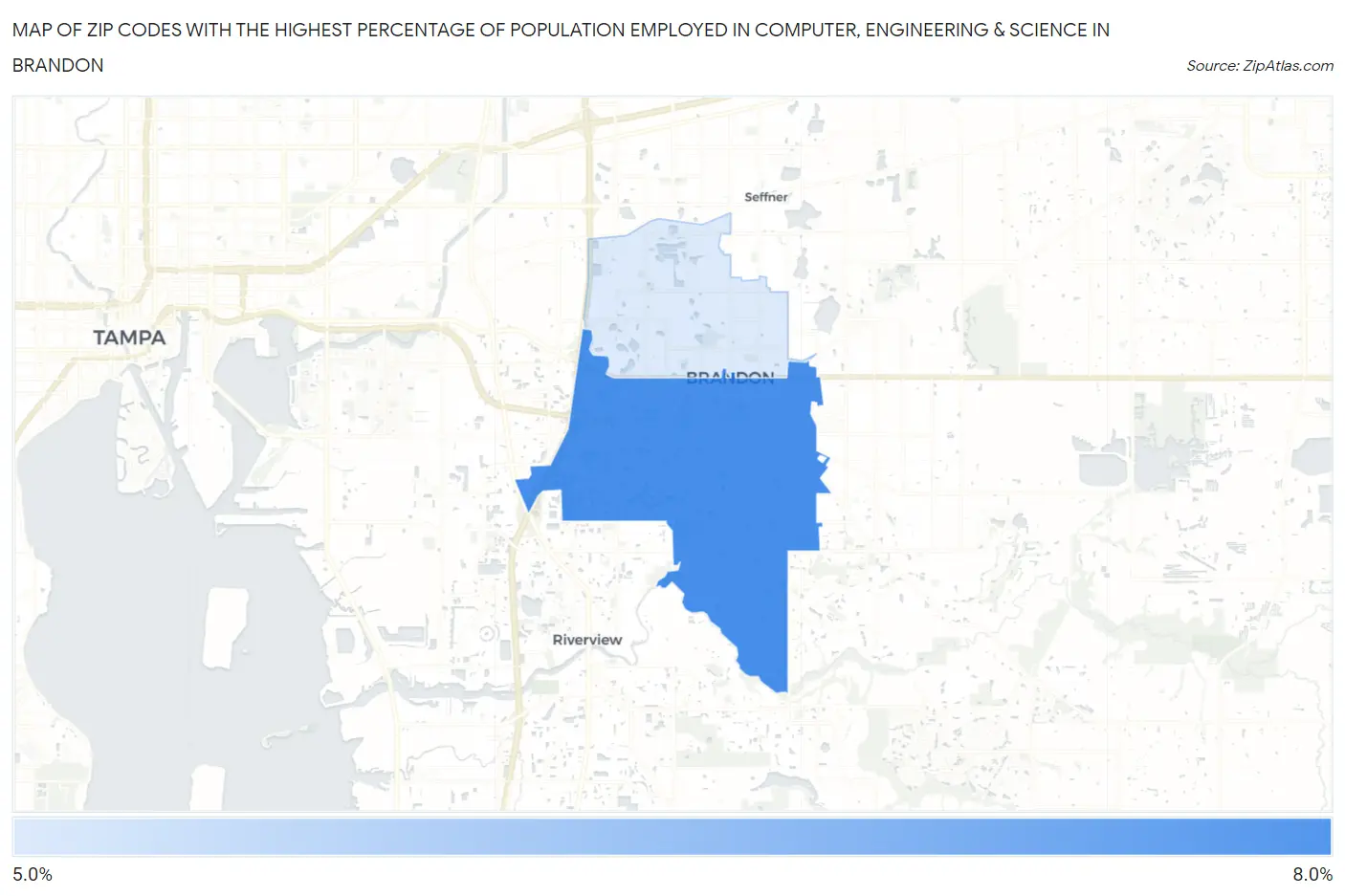Zip Codes with the Highest Percentage of Population Employed in Computer, Engineering & Science in Brandon Map