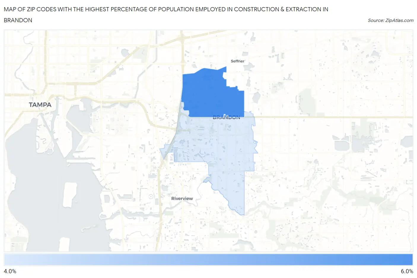 Zip Codes with the Highest Percentage of Population Employed in Construction & Extraction in Brandon Map