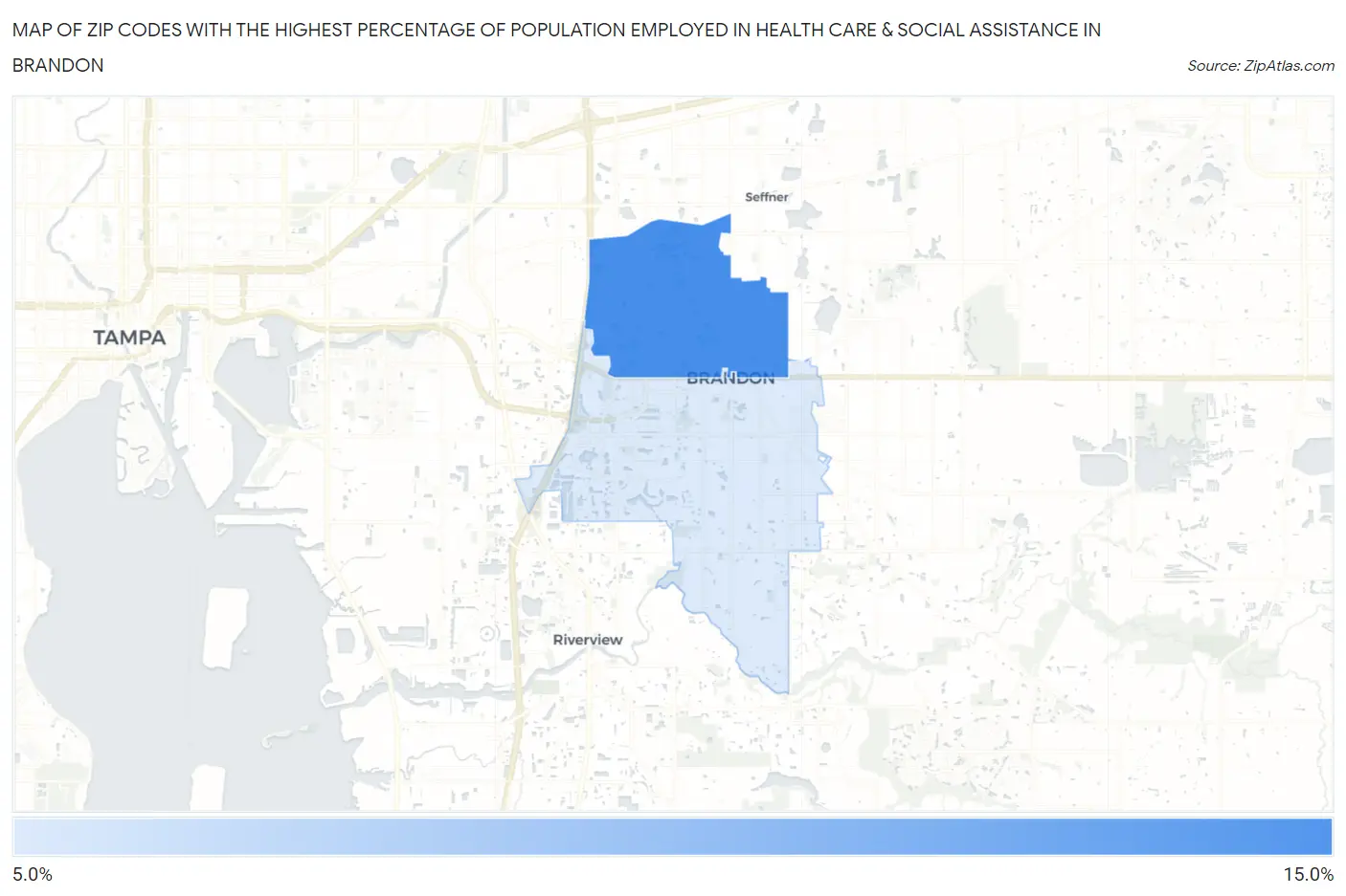 Zip Codes with the Highest Percentage of Population Employed in Health Care & Social Assistance in Brandon Map