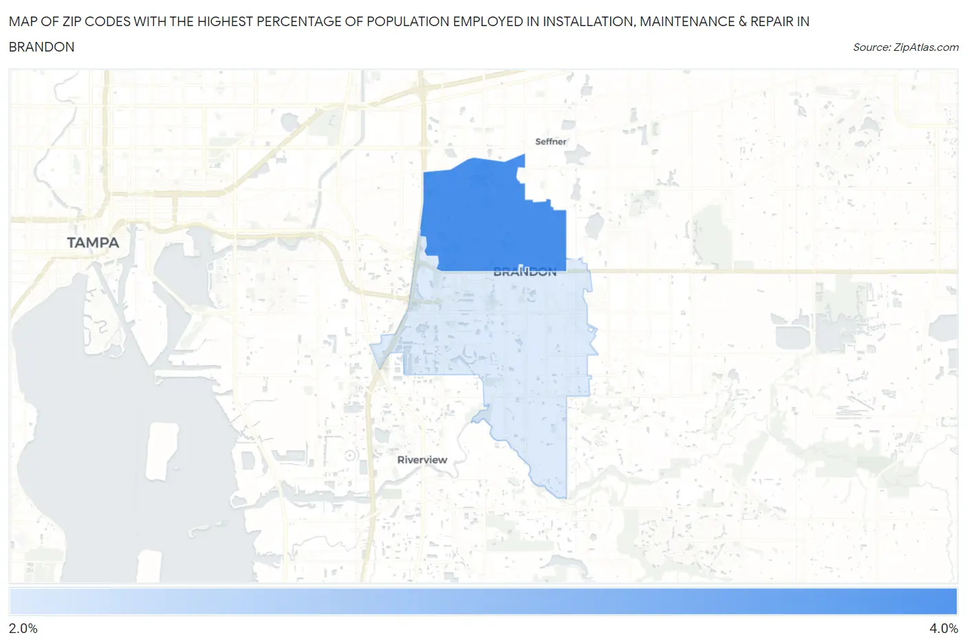 Zip Codes with the Highest Percentage of Population Employed in Installation, Maintenance & Repair in Brandon Map
