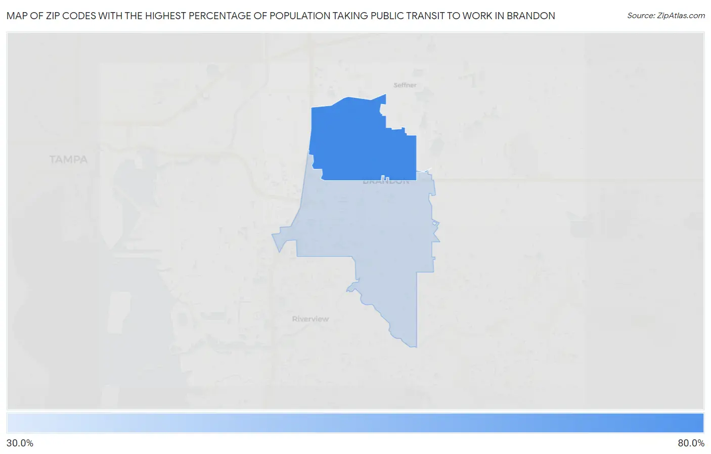 Zip Codes with the Highest Percentage of Population Taking Public Transit to Work in Brandon Map