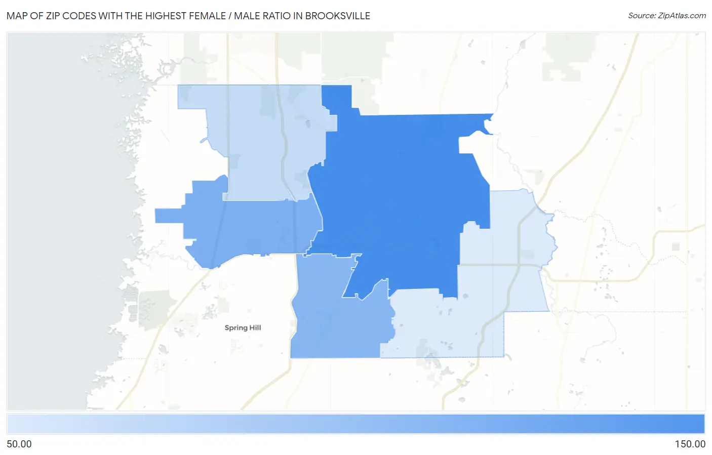 Zip Codes with the Highest Female / Male Ratio in Brooksville Map