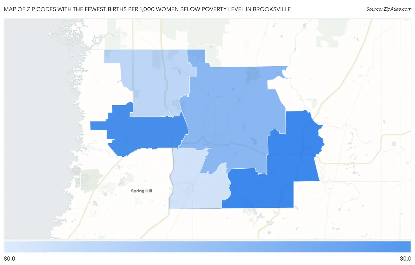 Zip Codes with the Fewest Births per 1,000 Women Below Poverty Level in Brooksville Map