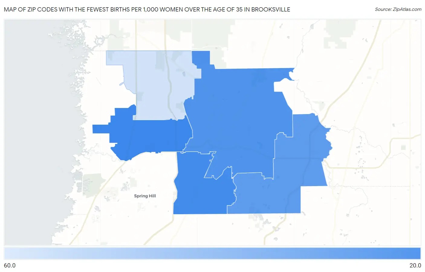Zip Codes with the Fewest Births per 1,000 Women Over the Age of 35 in Brooksville Map
