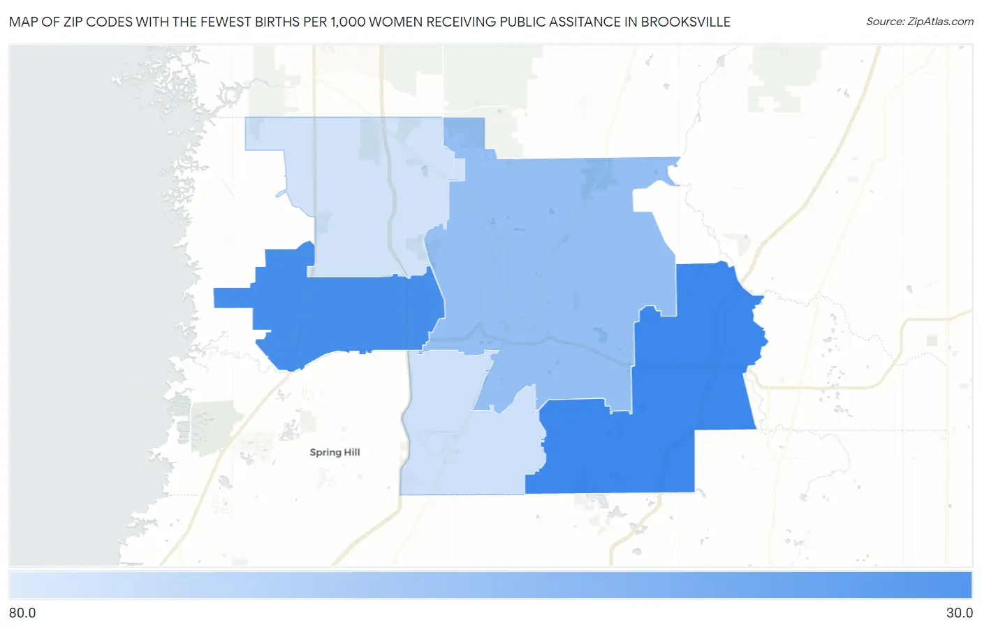 Zip Codes with the Fewest Births per 1,000 Women Receiving Public Assitance in Brooksville Map