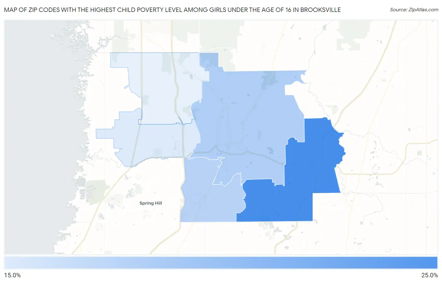 Zip Codes with the Highest Child Poverty Level Among Girls Under the Age of 16 in Brooksville Map