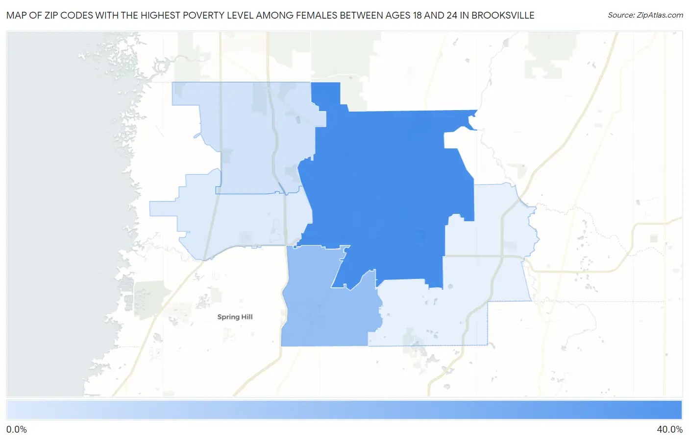Zip Codes with the Highest Poverty Level Among Females Between Ages 18 and 24 in Brooksville Map