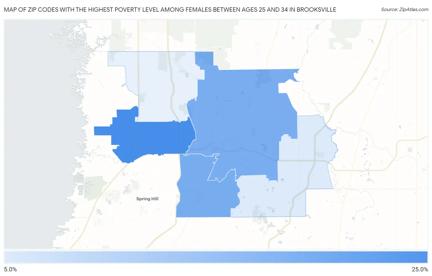 Zip Codes with the Highest Poverty Level Among Females Between Ages 25 and 34 in Brooksville Map