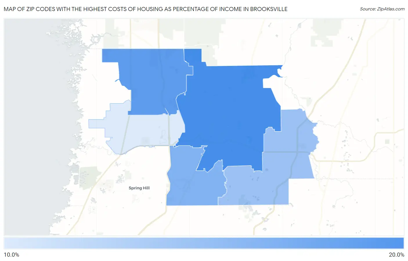 Zip Codes with the Highest Costs of Housing as Percentage of Income in Brooksville Map
