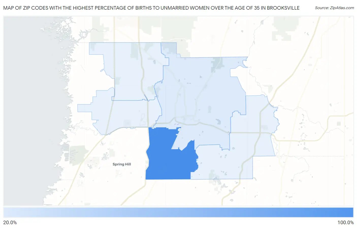 Zip Codes with the Highest Percentage of Births to Unmarried Women over the Age of 35 in Brooksville Map