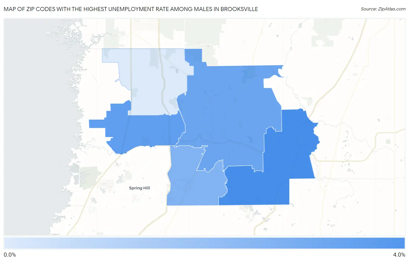 Zip Codes with the Highest Unemployment Rate Among Males in Brooksville Map