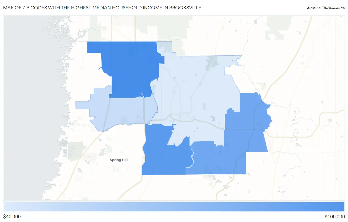 Zip Codes with the Highest Median Household Income in Brooksville Map