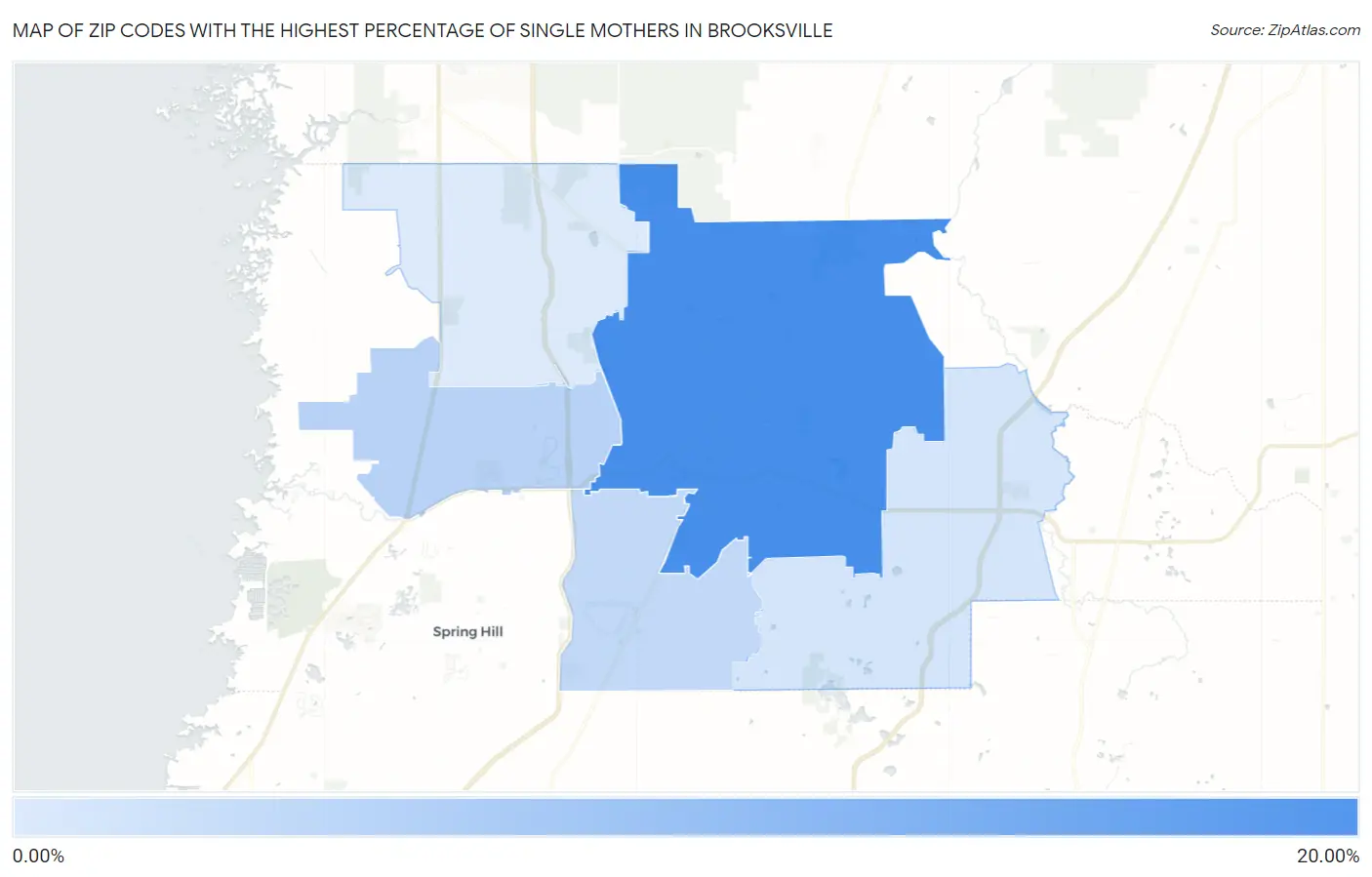 Zip Codes with the Highest Percentage of Single Mothers in Brooksville Map