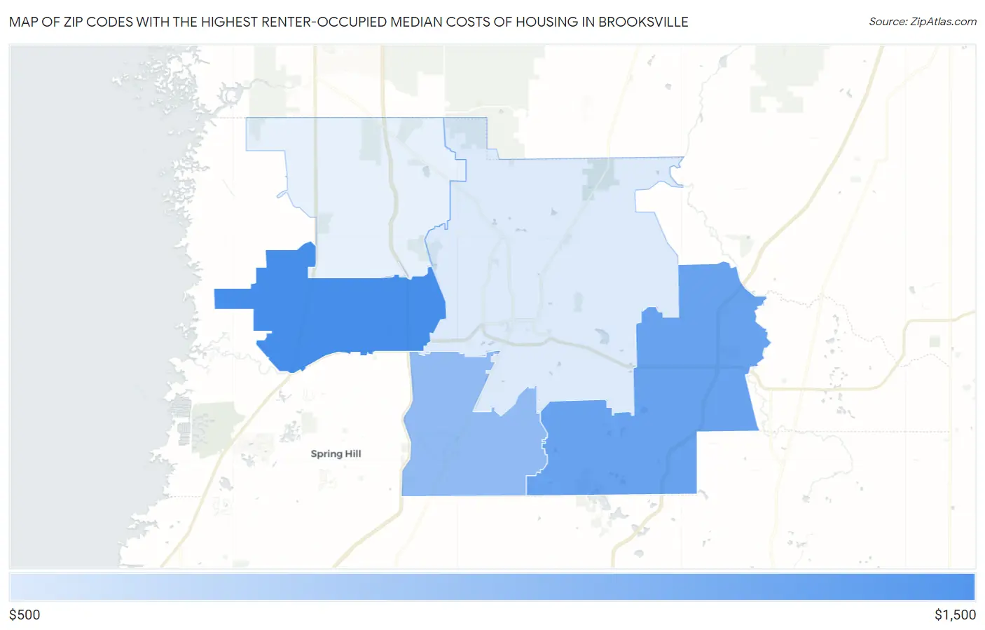 Zip Codes with the Highest Renter-Occupied Median Costs of Housing in Brooksville Map
