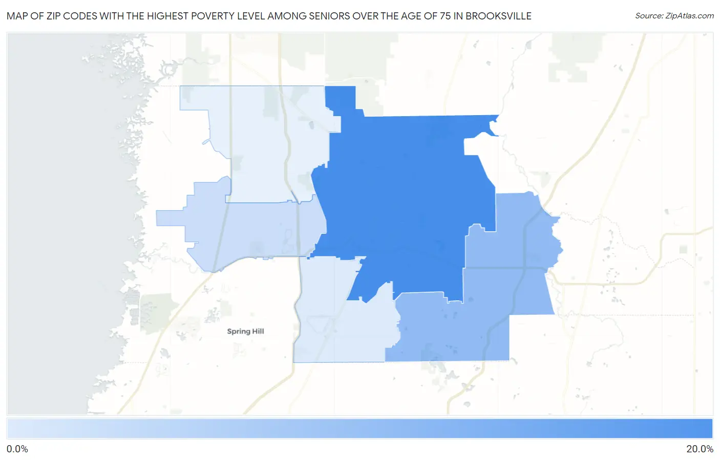 Zip Codes with the Highest Poverty Level Among Seniors Over the Age of 75 in Brooksville Map