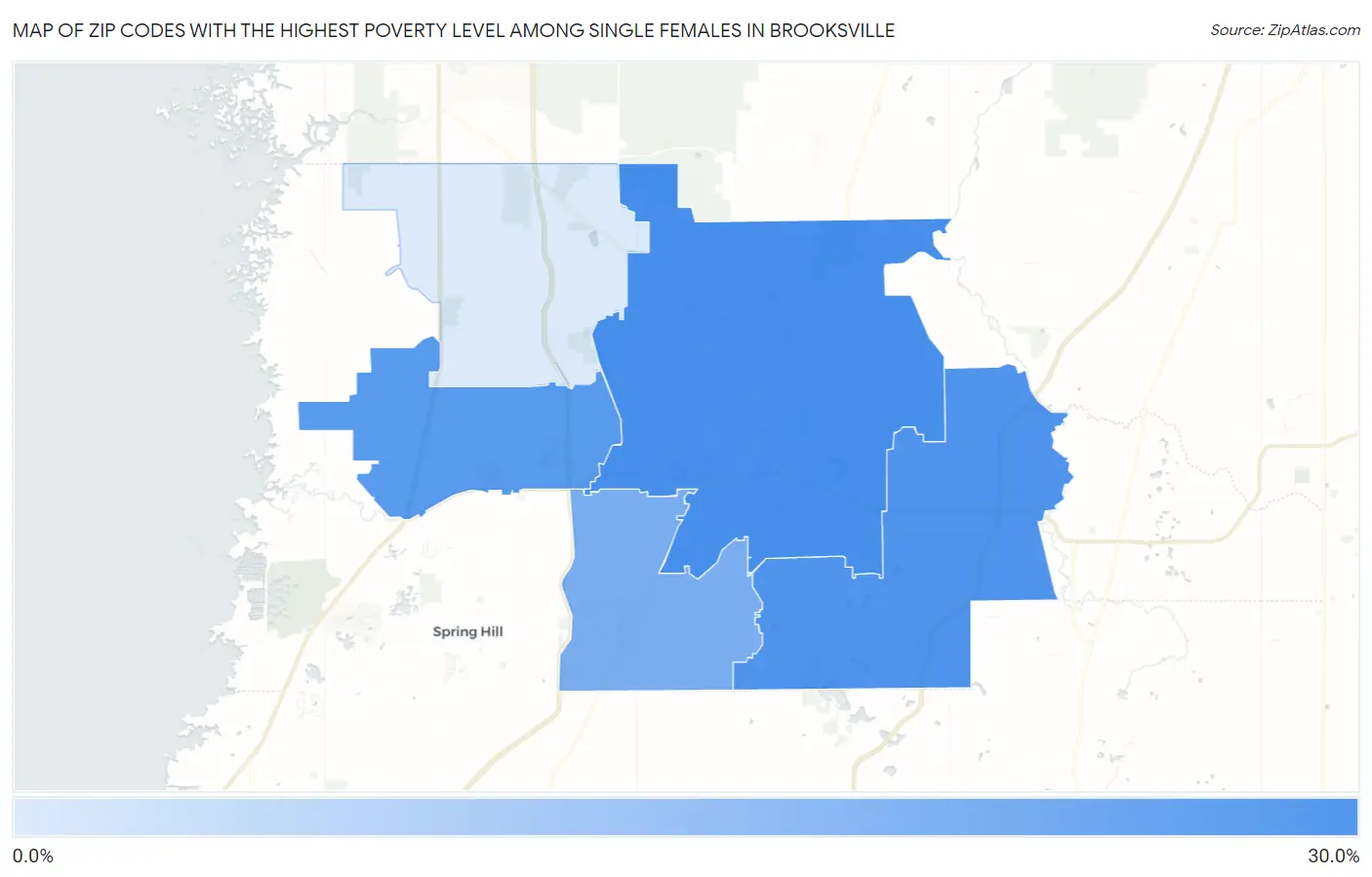 Zip Codes with the Highest Poverty Level Among Single Females in Brooksville Map