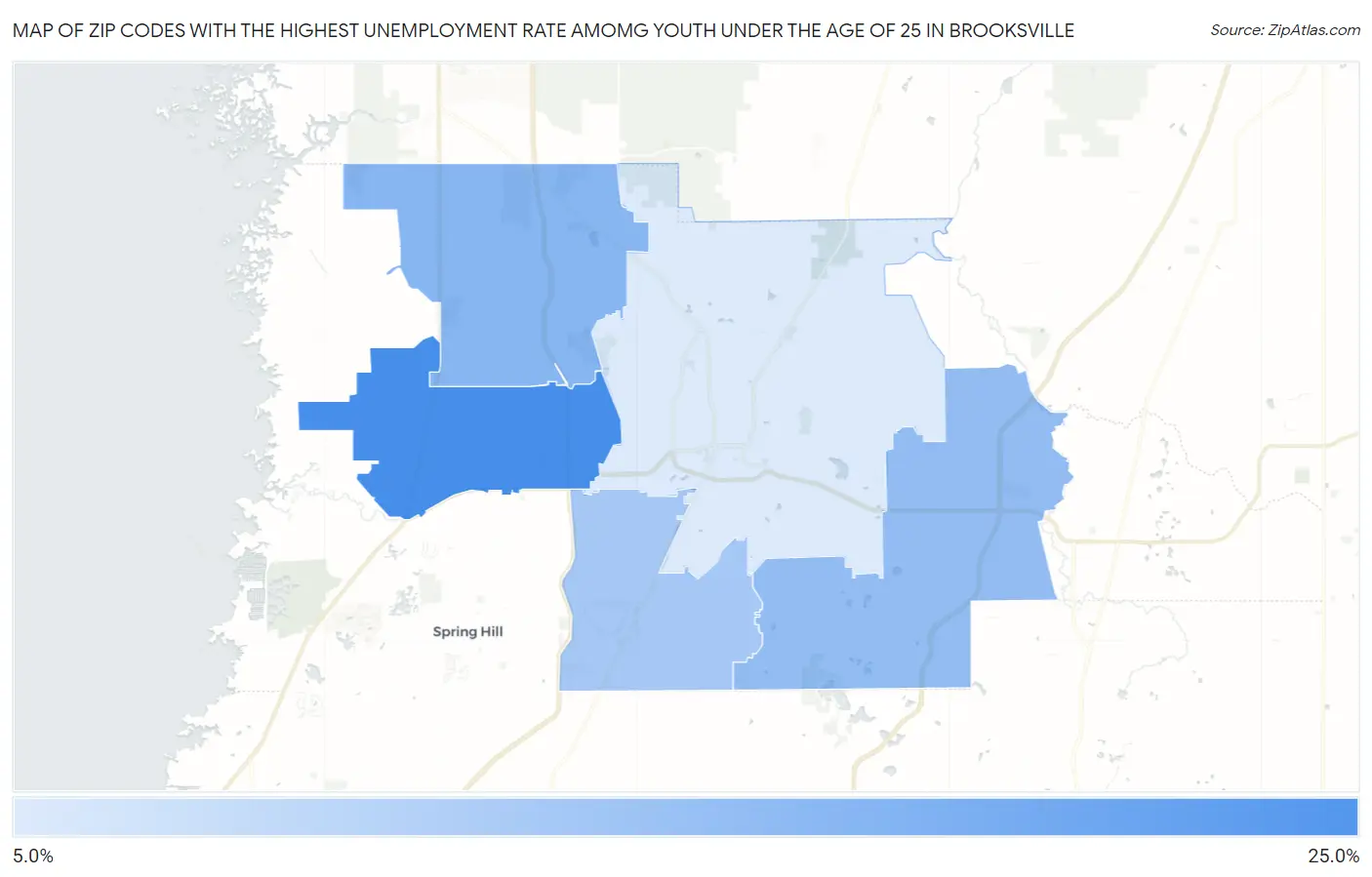 Zip Codes with the Highest Unemployment Rate Amomg Youth Under the Age of 25 in Brooksville Map