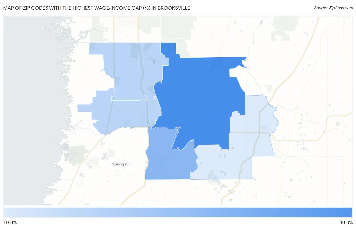 Zip Codes with the Highest Wage/Income Gap (%) in Brooksville Map