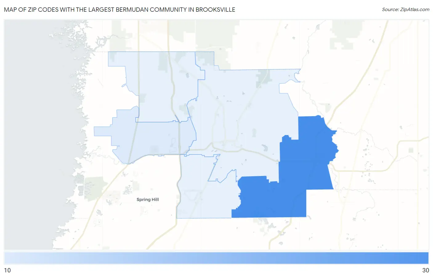 Zip Codes with the Largest Bermudan Community in Brooksville Map