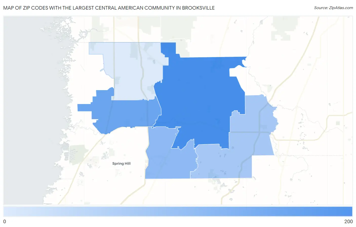 Zip Codes with the Largest Central American Community in Brooksville Map