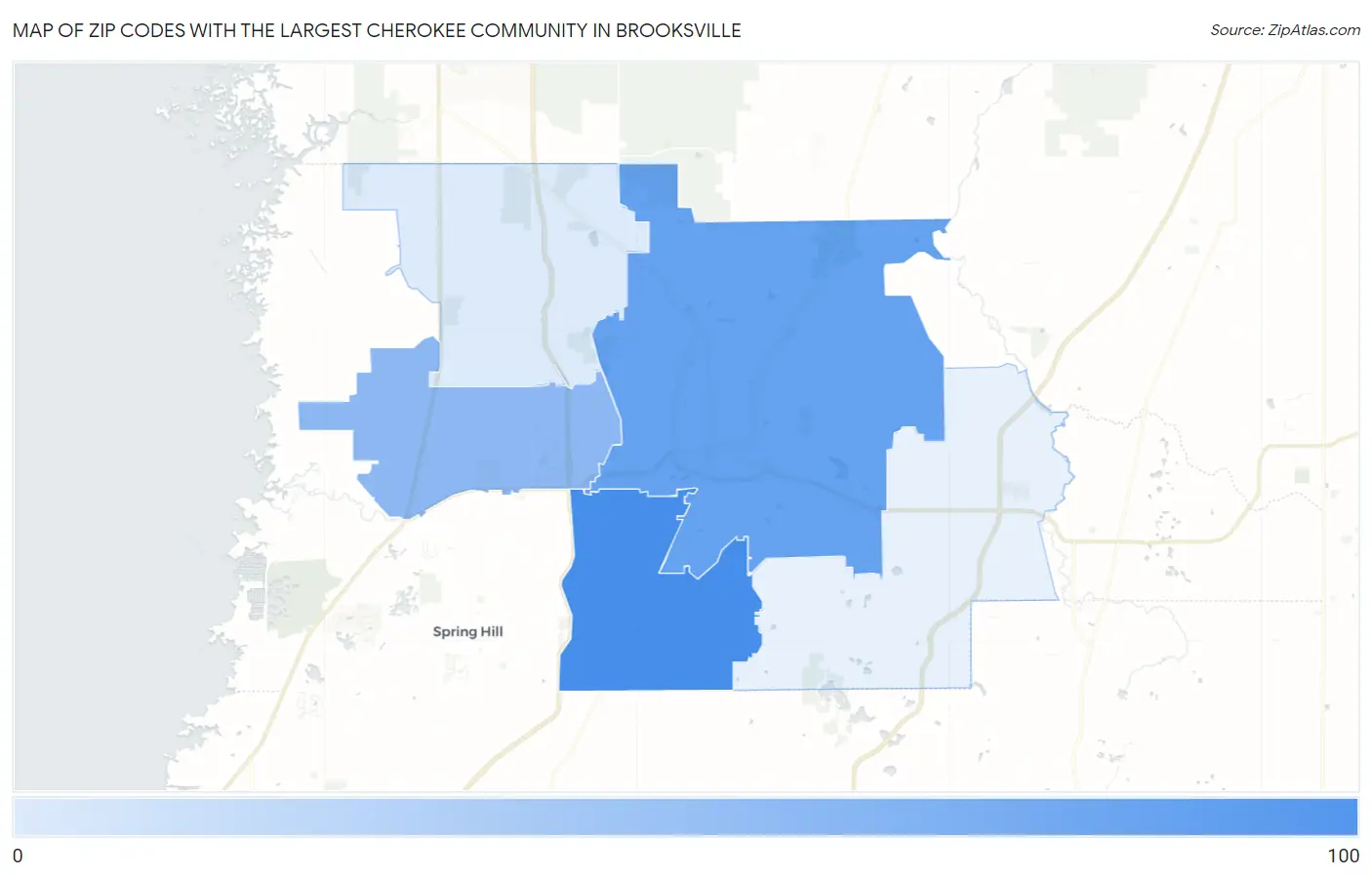 Zip Codes with the Largest Cherokee Community in Brooksville Map