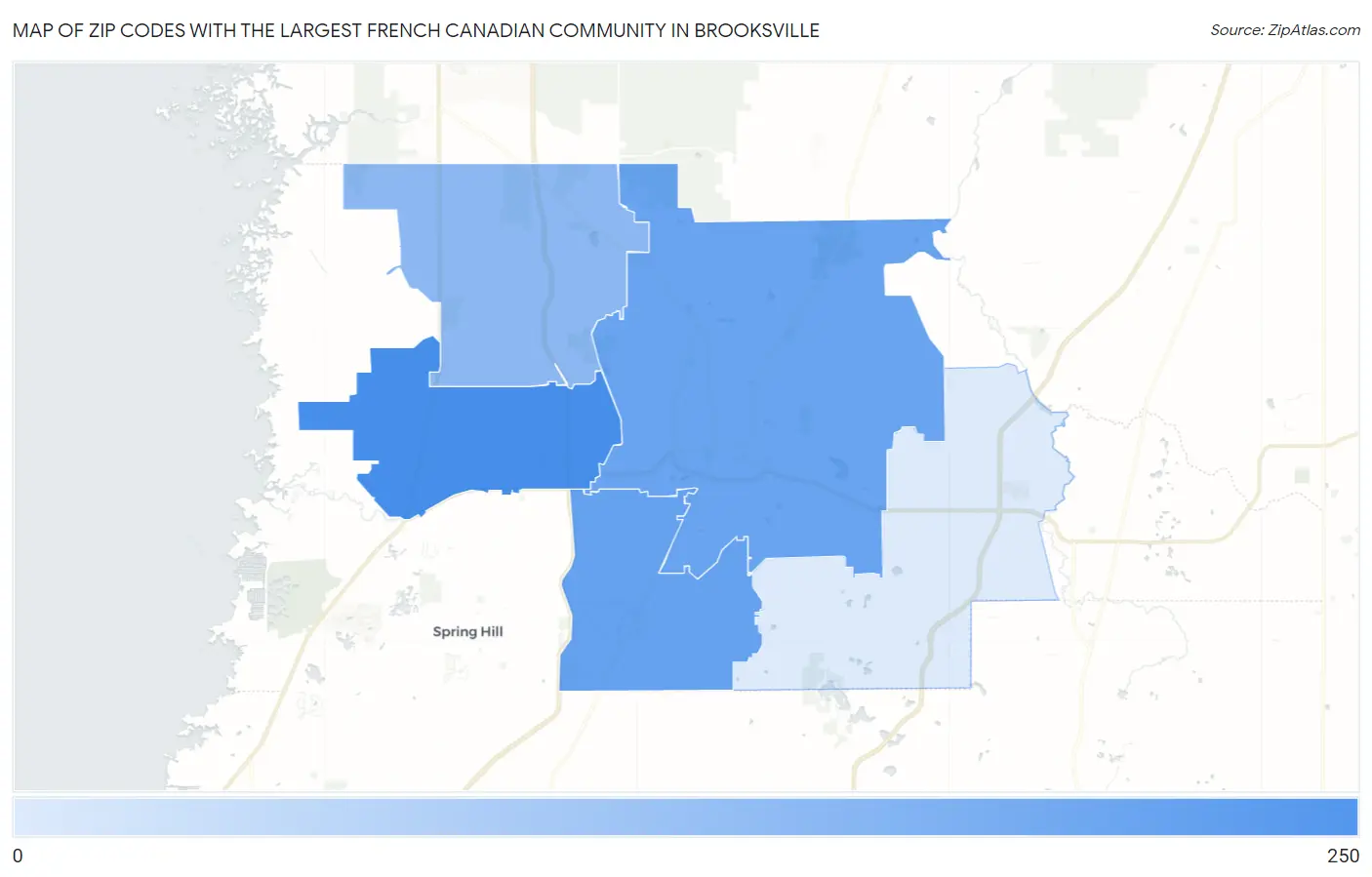 Zip Codes with the Largest French Canadian Community in Brooksville Map