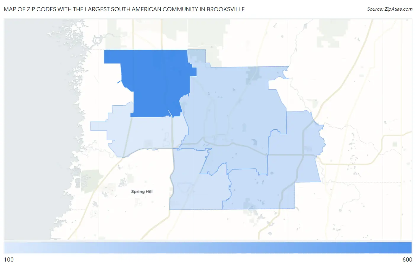 Zip Codes with the Largest South American Community in Brooksville Map