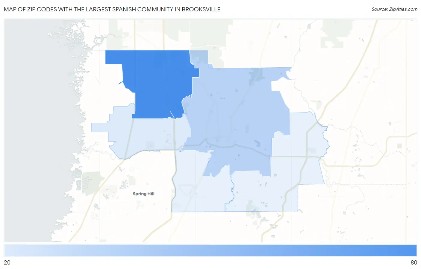 Zip Codes with the Largest Spanish Community in Brooksville Map