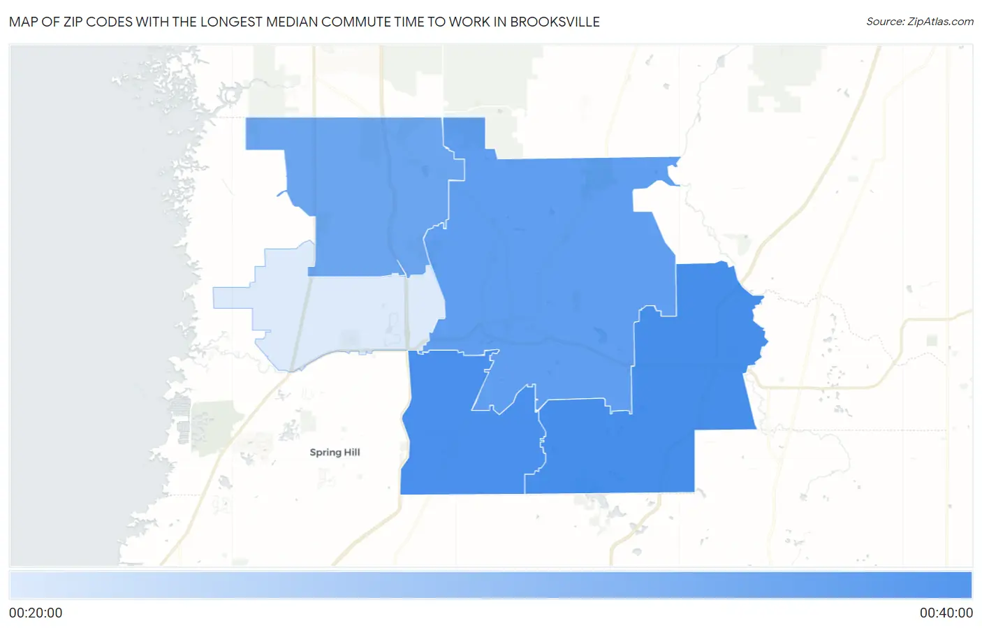 Zip Codes with the Longest Median Commute Time to Work in Brooksville Map