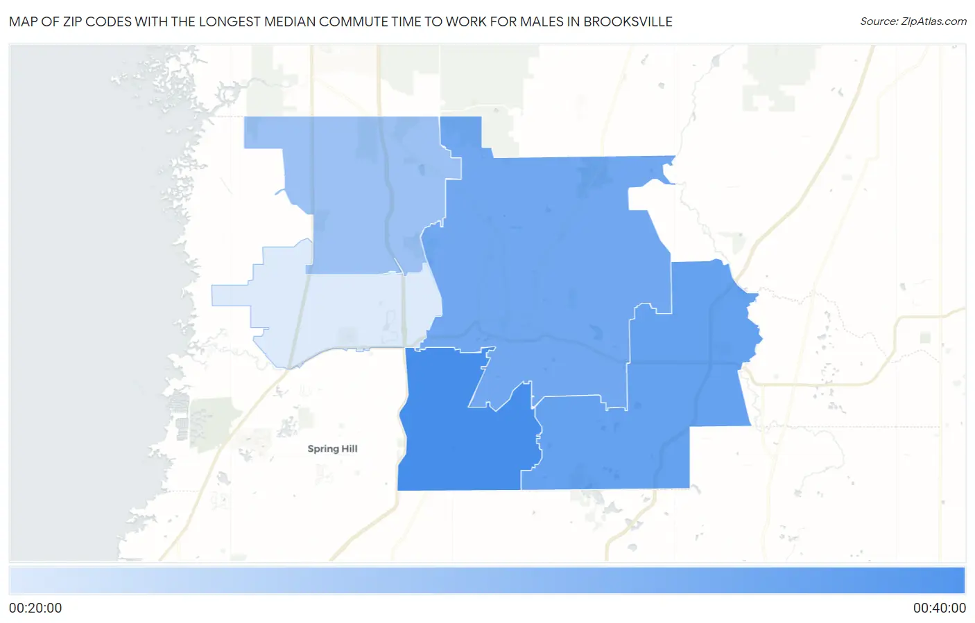Zip Codes with the Longest Median Commute Time to Work for Males in Brooksville Map