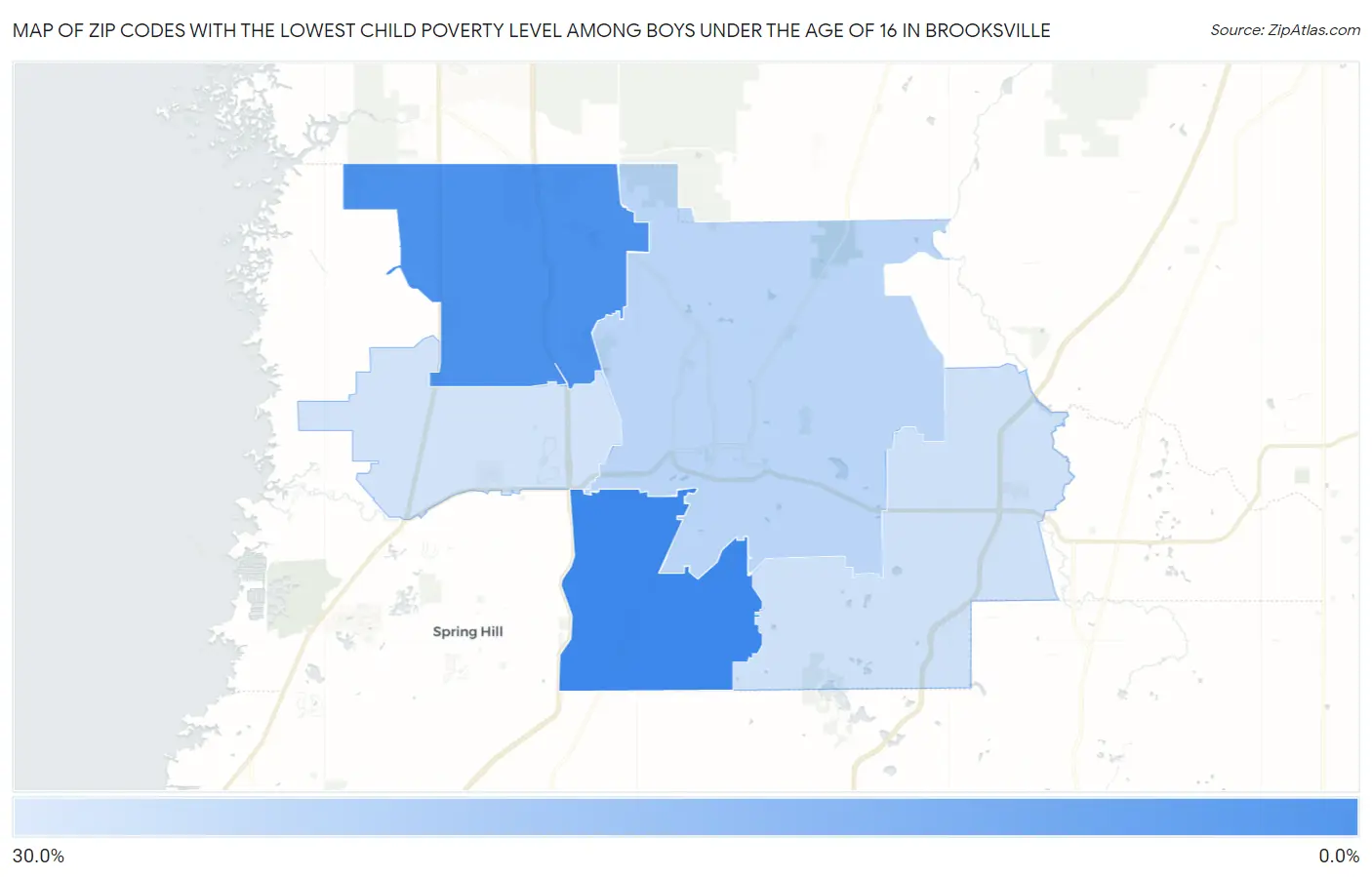 Zip Codes with the Lowest Child Poverty Level Among Boys Under the Age of 16 in Brooksville Map